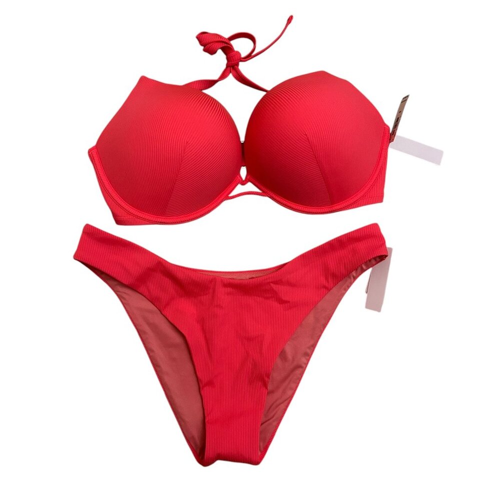 Victoria’s Secret 2 Piece Swimsuit 38D Push-Up Bra & XL Bikini Bottom Orange NWT